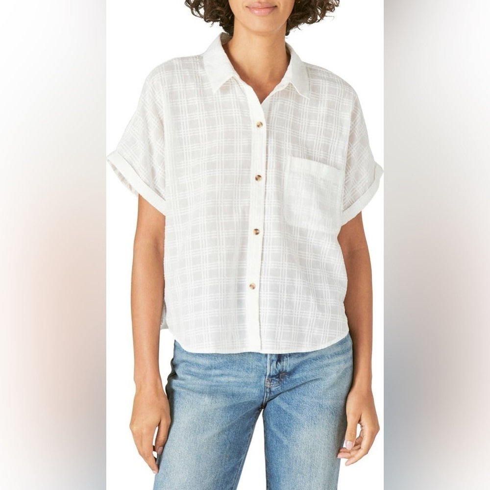 NWT Lucky Brand Grid Plaid Short Sleeve Cotton Button-Up Shirt XL * as is